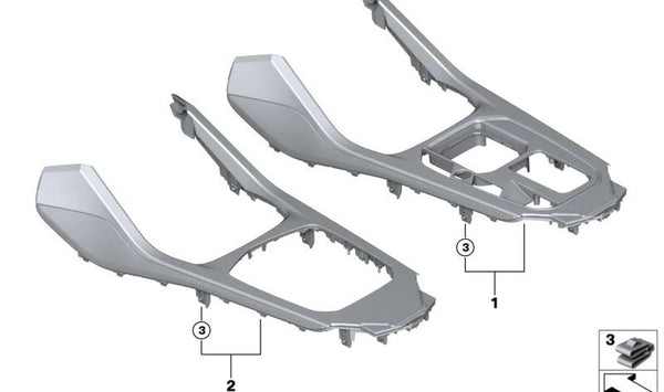 Embellecedor consola central negro Miko con detalle en plata cuarzo OEM 51165A563E3 para BMW F40 (116d, 116i, 118d, 118i, 120d, 120d xDrive, 120i) y BMW F44 (216i, 218d). Original BMW.