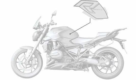 Emblema lateral derecho OEM 51148388714 para BMW Motorrad R 1200 R (RK53) 2014-2018. Original BMW Motorrad.