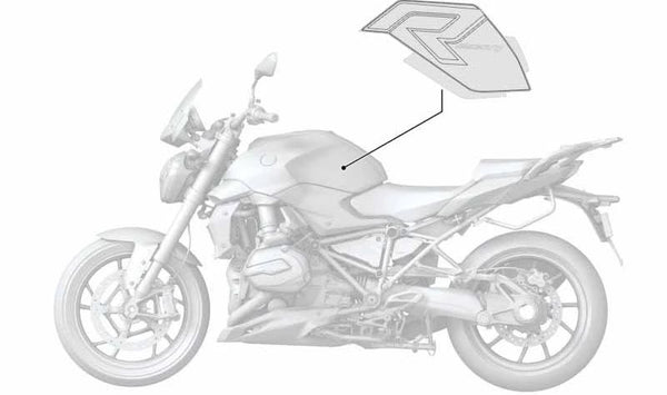 Emblema lateral derecho OEM 51148388714 para BMW Motorrad R 1200 R (RK53) 2014-2018. Original BMW Motorrad.