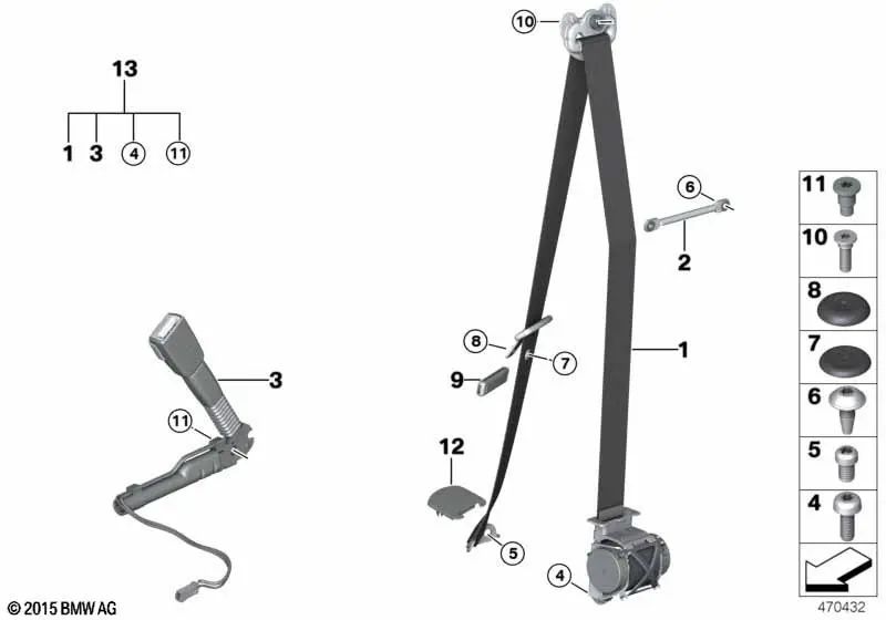 Front Left Seat Belt for BMW 1 Series F21, F21N, 2 Series F22, F22N, F87, F87N, 4 Series F32, F32N, F82, F82N (OEM 72117265809). Original BMW.