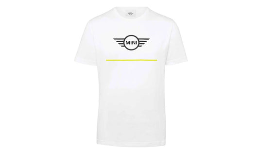 T-shirt Wing Logo CI blanc et jaune taille L pour MINI, numéro OEM 80145A0A569. Valable pour BMW. MINI d'origine.