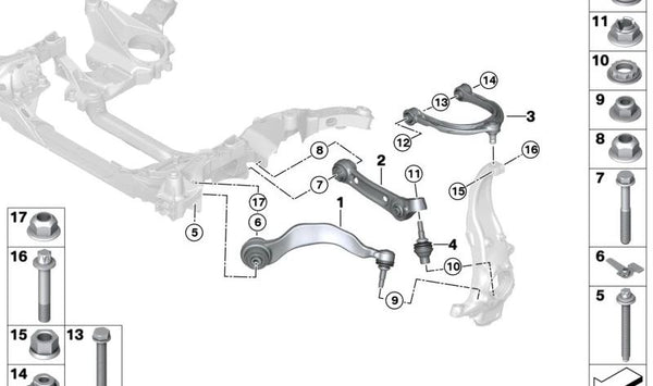 Brazo de suspensión delantero derecho con silentblock OEM 31106861166 para BMW G30, G31, G38. Original BMW.