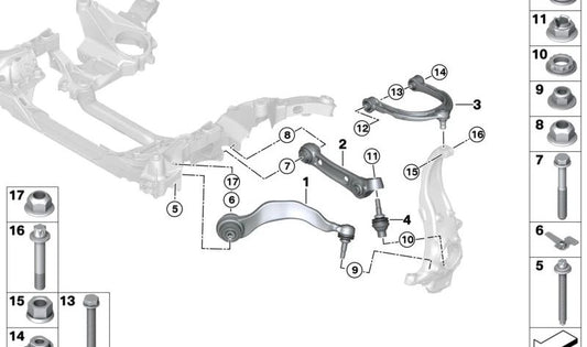 Brazo de suspensión delantero izquierdo con silentblock OEM 31108096241 para BMW F91, F92, F93. Pieza original BMW.