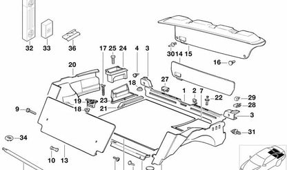 Soporte derecho del maletero OEM 51478122392 para BMW E36 {316i BE11, BE12, BE21, BE22, CA11, CA12, CA21, CA22, CA71, CA72}. Original BMW.