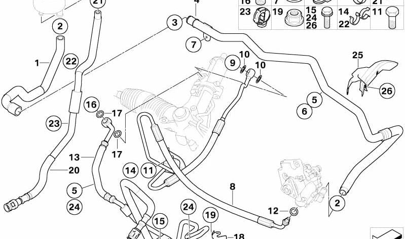 Manguera de expansión dirección asistida OEM 32416789120 para BMW E60, E60N, E61, E61N, E63, E63N, E64, E64N. Original BMW.
