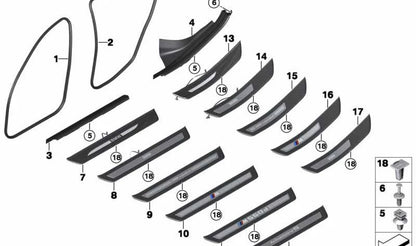 Embellecedor entrada trasera izquierda OEM 51477203603 para BMW Serie 5 F10, F10N, F11, F11N. Original BMW.