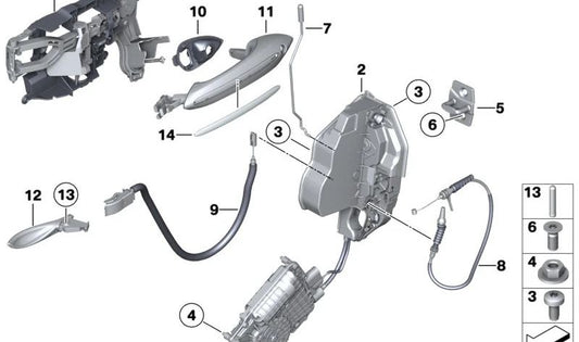 Varilla de apertura derecha OEM 51217175648 para BMW F10, F10N, F11, F11N, F18, F18N. Pieza del sistema de cierre de puerta delantera. Original BMW.