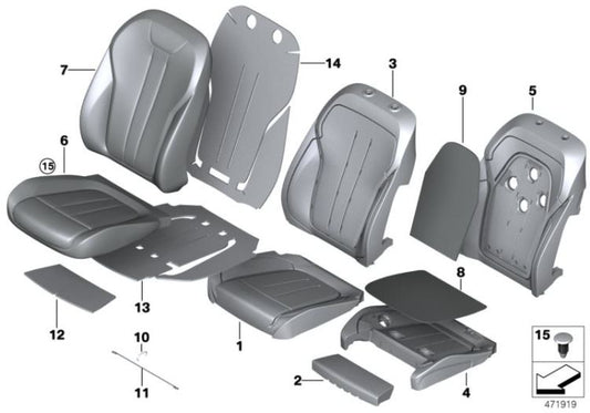 Funda respaldo asiento básico cuero izquierdo OEM 52107457677 para BMW Serie 5 G30, G31, G32... y más. Original BMW.