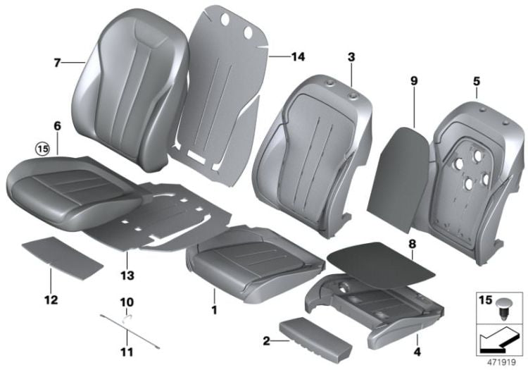 Tapizado confort cuero respaldo derecho OEM 52107480168 para BMW X5 F15, X6 F16. Original BMW.