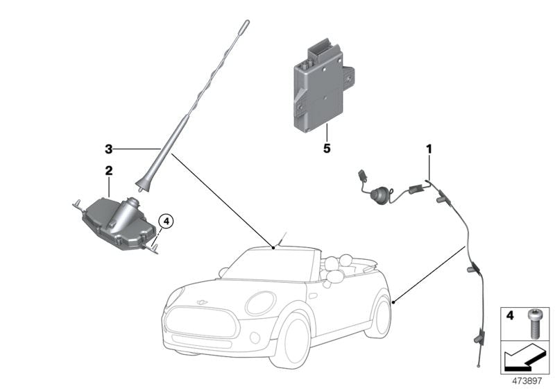 Antena de varilla AM/FM/TEL OEM 65209338143 para MINI F57 (todos los modelos y motorizaciones indicados). Recambio original MINI.