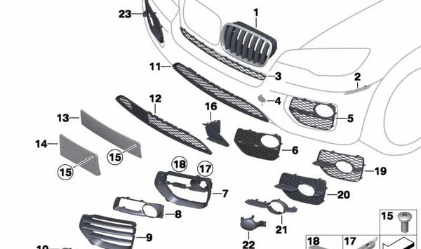 Rejilla inferior central OEM 51117231607 para BMW X6 E71 (xDrive35i, xDrive40d, xDrive40i, xDriveM50d). Compatible modelos 2010-2014. Original BMW.