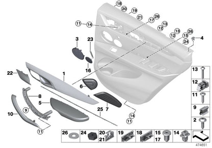 Inserto puerta trasera izquierda OEM 51427317687 para BMW X6 F16 y X6 M F86. Compatible con modelos fabricados del 2014 al 2019. Pieza original BMW.