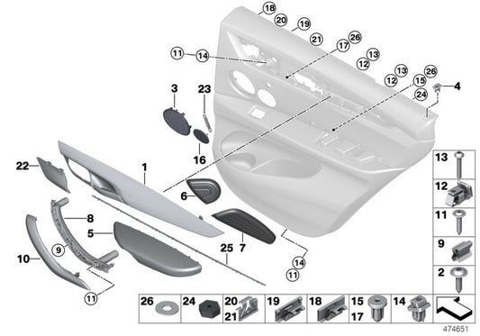Inserto puerta trasera izquierda OEM 51427317687 para BMW X6 F16 y X6 M F86. Compatible con modelos fabricados del 2014 al 2019. Pieza original BMW.