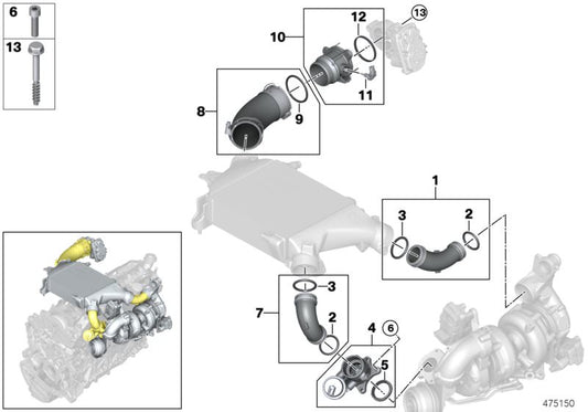 Tubo de admisión turbo (Ladeluftleitung) OEM 11618579895 para BMW G30, G31, G11, G12, G05, G06, G07. Compatible con motores B57S. Original BMW.