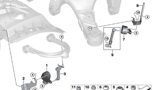 Right Height Sensor Bracket for BMW 5 Series F90, G30, G31, G38, G60, G61, G90, 8 Series F91, F92, G14, G15, G16 (OEM 37146870970). Original BMW