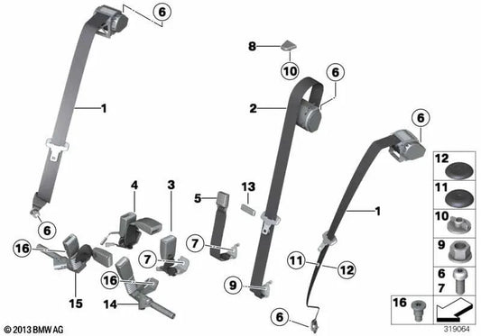 Cinturón superior trasero exterior para BMW Serie 3 F30, F34, F80 (OEM 72117259389). Original BMW