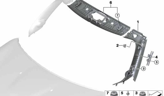 Moldura montante A HiFi derecha Anthrazit OEM 51437393012 para MINI F57, F57 LCI, F57 BEV. Original MINI.