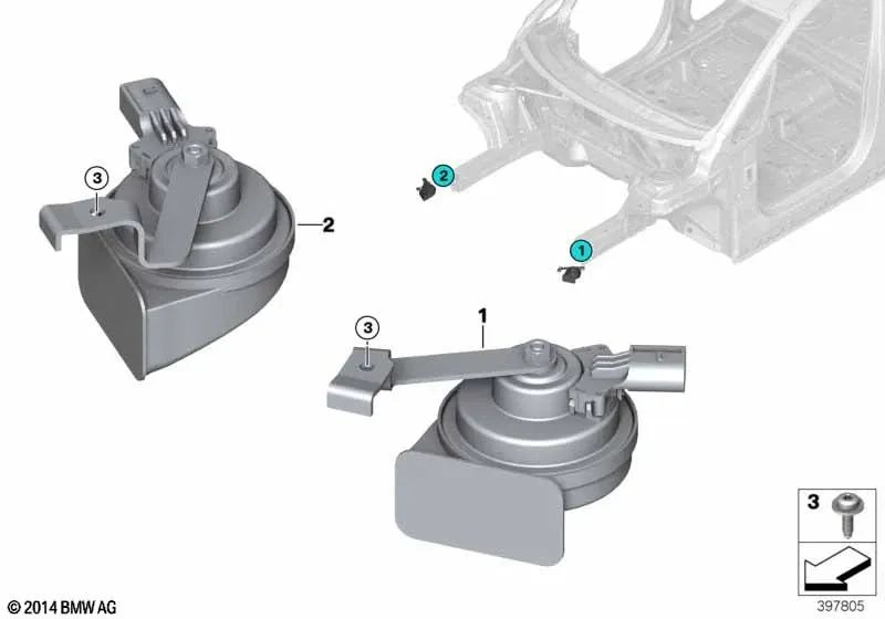 Bass horn for BMW 2 Series F45, F45N (OEM 61337375704). Original BMW