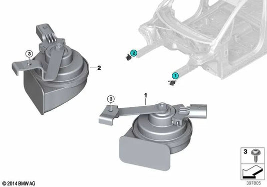Bass horn for BMW 2 Series F45, F45N (OEM 61337375704). Original BMW
