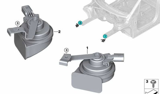 Claxon grave OEM 61337332594 para BMW F45, F46. Repuesto original BMW. Ideal para sustituir la bocina de sonido grave de serie.