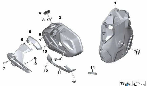 Pieza protectora izquierda OEM 11129829849 para motos BMW R 1200 GS, R 1250 GS, R 1200 RT, R 1250 RT... y más. Original BMW Motorrad.