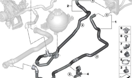 Manguera de refrigerante OEM 64216993456 para BMW X3 G01, G01N y X4 G02, G02N. Original BMW.