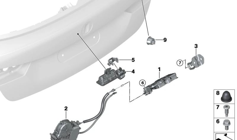 Cierre gancho maletero OEM 51247357094 para BMW F40. Pieza original BMW para modelos 116d, 116i, 118d, 118i (producción 2019-2024). Repuesto para sistema de cierre del portón trasero.