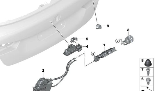 Cierre gancho maletero OEM 51247357094 para BMW F40. Pieza original BMW para modelos 116d, 116i, 118d, 118i (producción 2019-2024). Repuesto para sistema de cierre del portón trasero.