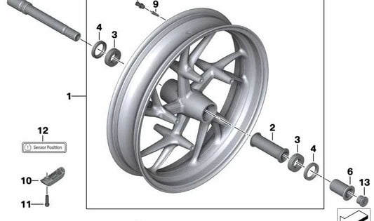 Llanta delantera plateada OEM 36318532526 para BMW Motorrad K 1200 S, K 1200 R, K 1200 GT, K 1300 GT. Original BMW Motorrad.