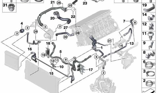 OEM hose clamp 17127591007 for BMW F20, F21, F30, F31, F35, F07, F10, F11, F06, F12, F13, F01, F02, E72. Original BMW.