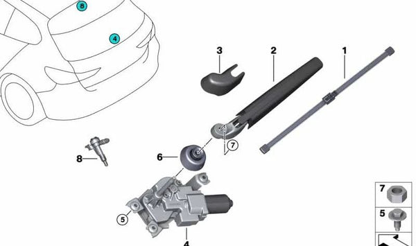 Brazo limpiaparabrisas trasero OEM 61627456077 para BMW F40, F70. Original BMW.