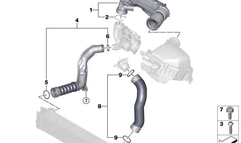 Tubería de admisión OEM 13718489556 para BMW U06, U11. Original BMW.