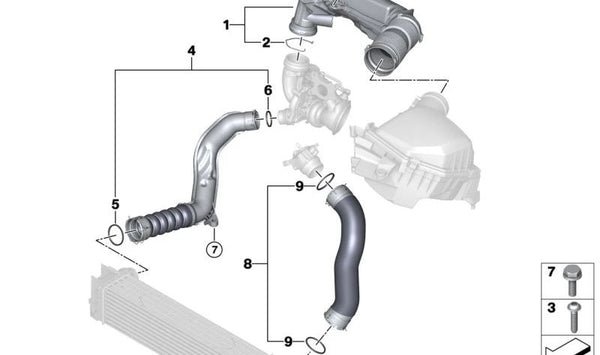 Tubería de admisión OEM 13718489556 para BMW U06, U11. Original BMW.