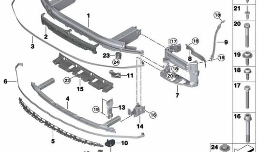 Soporte de fijación OEM 51117405564 para BMW G11, G12. Pieza original BMW compatible con modelos Serie 7 mencionados. Ideal para montaje en el frontal del vehículo.