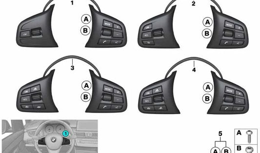 Interruptor botones volante multifunción deportivo OEM 61319323939 para BMW F45, F46, F48. Compatible con varios motores y transmisiones. Original BMW.