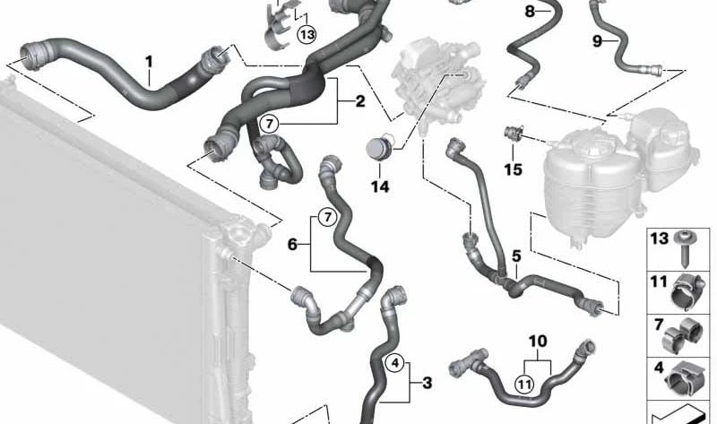 Radiator hose for BMW 3 Series G20, G20N, 4 Series G22, G26 (OEM 17128654839). Original BMW