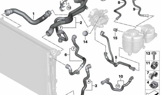 Radiator hose for BMW 3 Series G20, G20N, 4 Series G22, G26 (OEM 17128654839). Original BMW