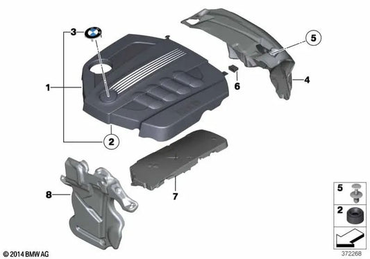 Front acoustic cover for BMW 5 Series F07, F10N, F11N, 7 Series F01N, F02N, X1 E84, X5 F15, X6 F16 (OEM 11148490569). Original BMW