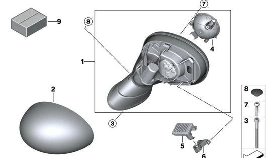 Espejo exterior derecho sin vidrio calefactable OEM 51167401100 para MINI F56, F55, Cabrio F57. Original MINI.