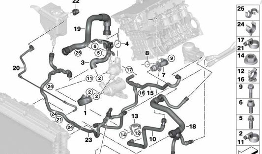 Manguera de refrigerante OEM 11537552398 para BMW E60 y E61 (520i con motor N43). Conecta el motor con el intercambiador de calor. Original BMW.