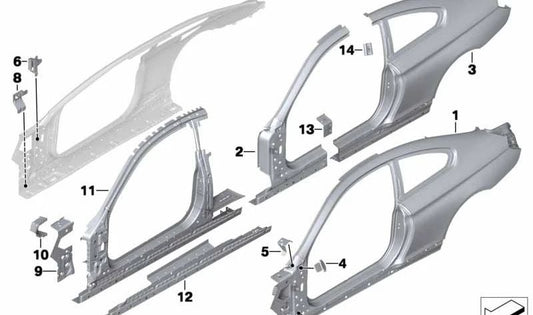 Refuerzo pilar trasero izquierdo OEM 41219240055 para BMW F13, F13N. Pieza estructural de carrocería. Original BMW.