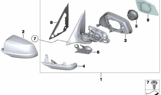 Cristal espejo calefactable gran angular izquierdo OEM 51167251583 para BMW E60, E61, F07, F10, F11, F06, F12, F13... y más. Original BMW.