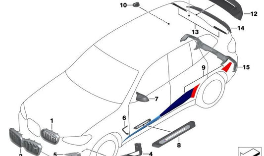 Difusor trasero inferior de parachoques en carbono OEM 51128077084 para BMW X3 M F97 y F97N. Pieza original BMW. Ideal para mejorar el aspecto y aerodinámica con el paquete M Performance.
