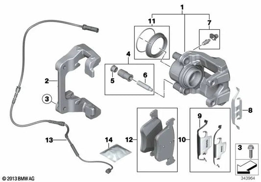 Linksbremsklemmgehäuse für BMW F20, F20N, F21, F21N, F22, F22N, F23, F23N (OEM 34116850643). Original BMW.
