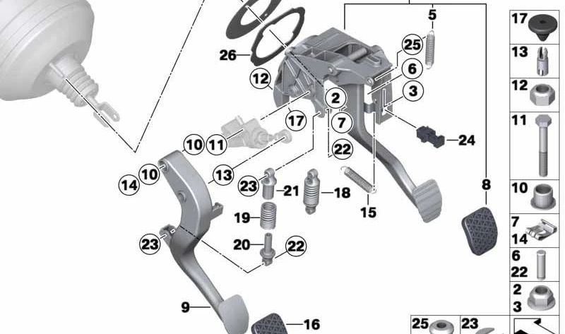 Pedal de freno completo OEM 35006762926 para BMW E81, E82, E87, E88, F20, F21, E90, E91, E92, E93, F30, F31, F35, E84. Original BMW.