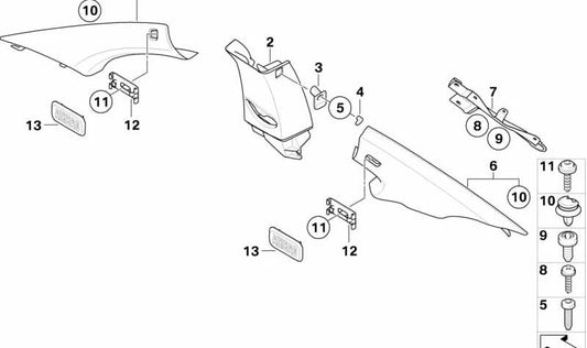 Tapa interior pilar A izquierda OEM 51436978629 para BMW E81, E82, E87, E88. Color gris Alaska. Recambio original BMW.