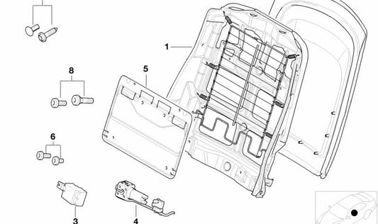Seat panel in polypiel with OEM pocket 52107057744 for BMW X5 E53 (all models: 3.0d, 3.0i Fa71, Fa72, FA81, FA82, FB71, FB72, FB81, FB82, FA11, FA12). Original BMW.