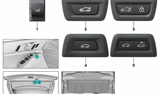Interruptor apertura portón trasero inferior OEM 61319860974 para BMW X5 (G05, G05N, G18) y BMW X7 (G07, G07N). Original BMW.