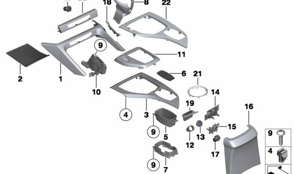Soporte inferior para portavasos OEM 51162991310 para BMW X1 E84 (sDrive16d, sDrive16i, sDrive18d, sDrive18i). Compatible con modelos manuales y automáticos. Original BMW.
