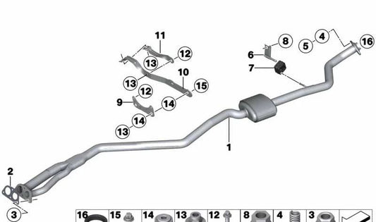 Exhaust pipes with front silencer for BMW 1 Series E81, E87 (OEM 18107528587). Original BMW